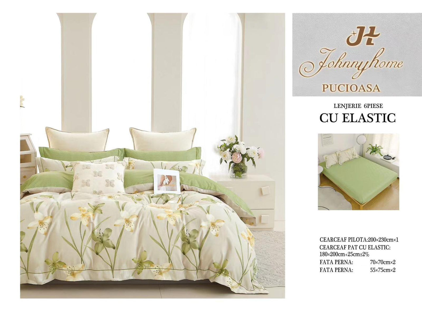 Set Lenjerie de Pat cu Elastic JohnnyHome Pucioasa – Fixare Perfectă, Confort și Eleganță