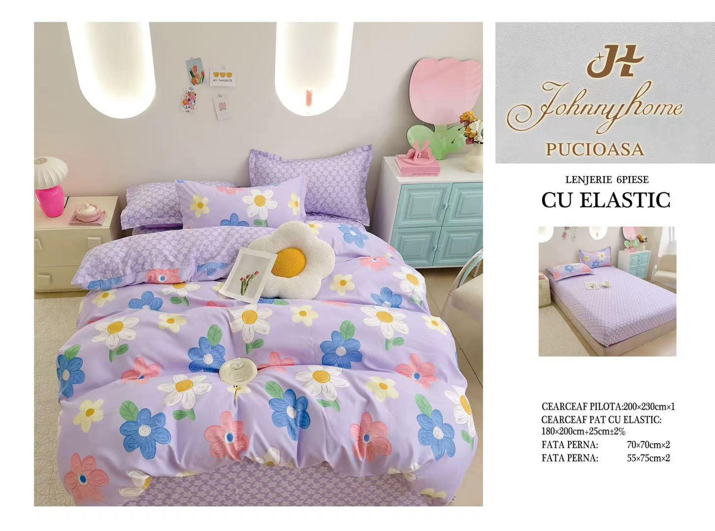 Set Lenjerie de Pat cu Elastic JohnnyHome Pucioasa – Fixare Perfectă, Confort și Eleganță