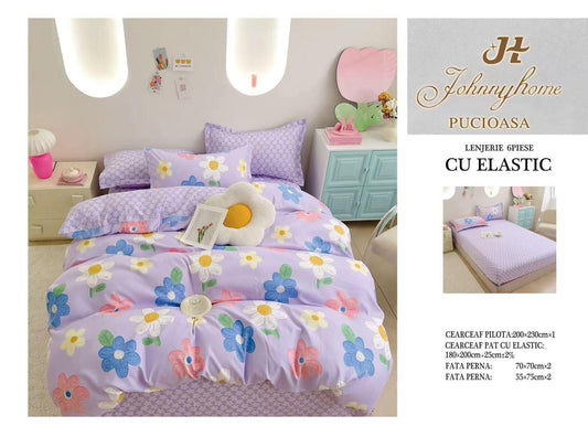 Set Lenjerie de Pat cu Elastic JohnnyHome Pucioasa – Fixare Perfectă, Confort și Eleganță